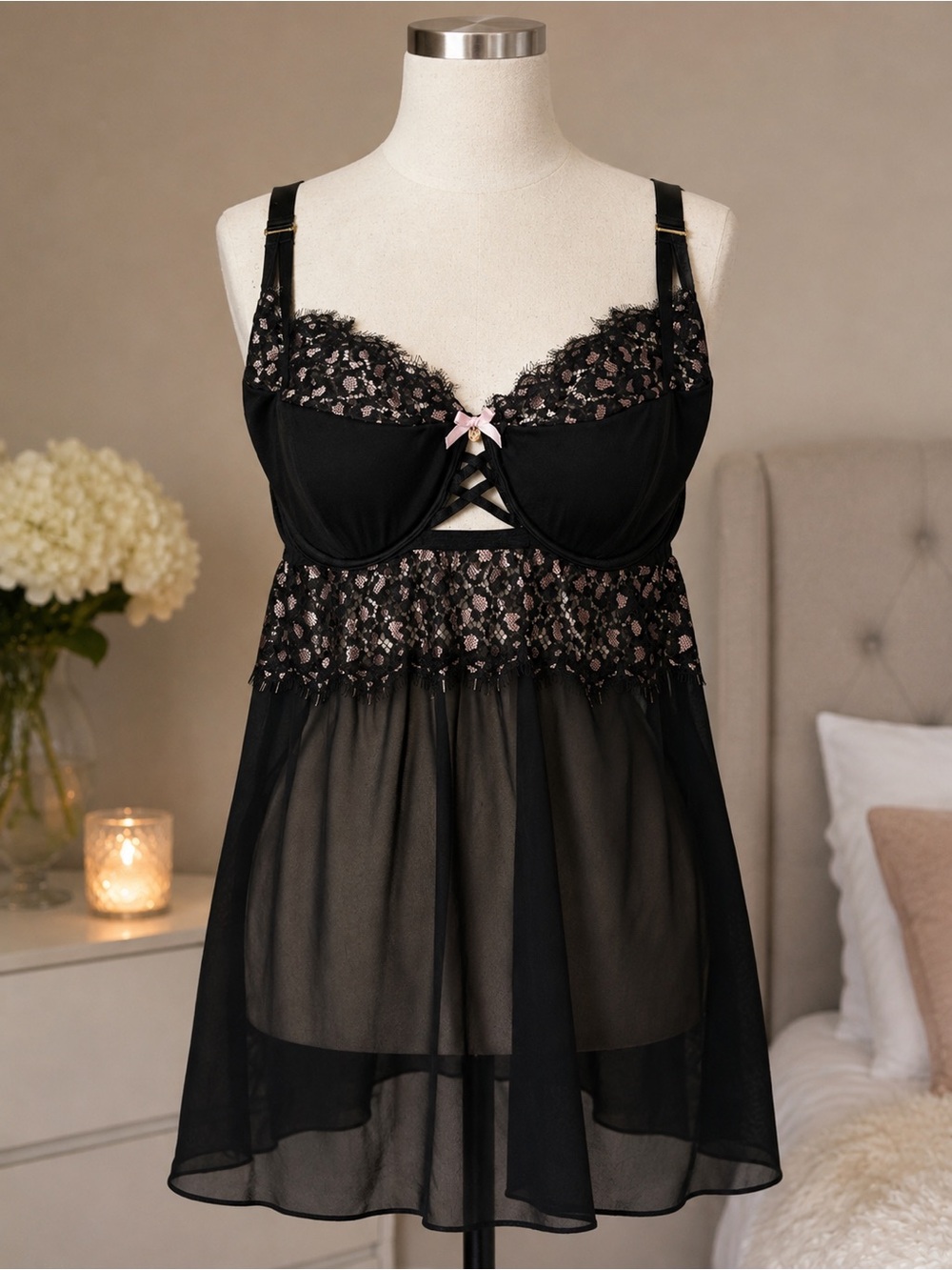 Black Lace & Mesh Babydoll Coquette Chemise - Women's Intimates 38DD